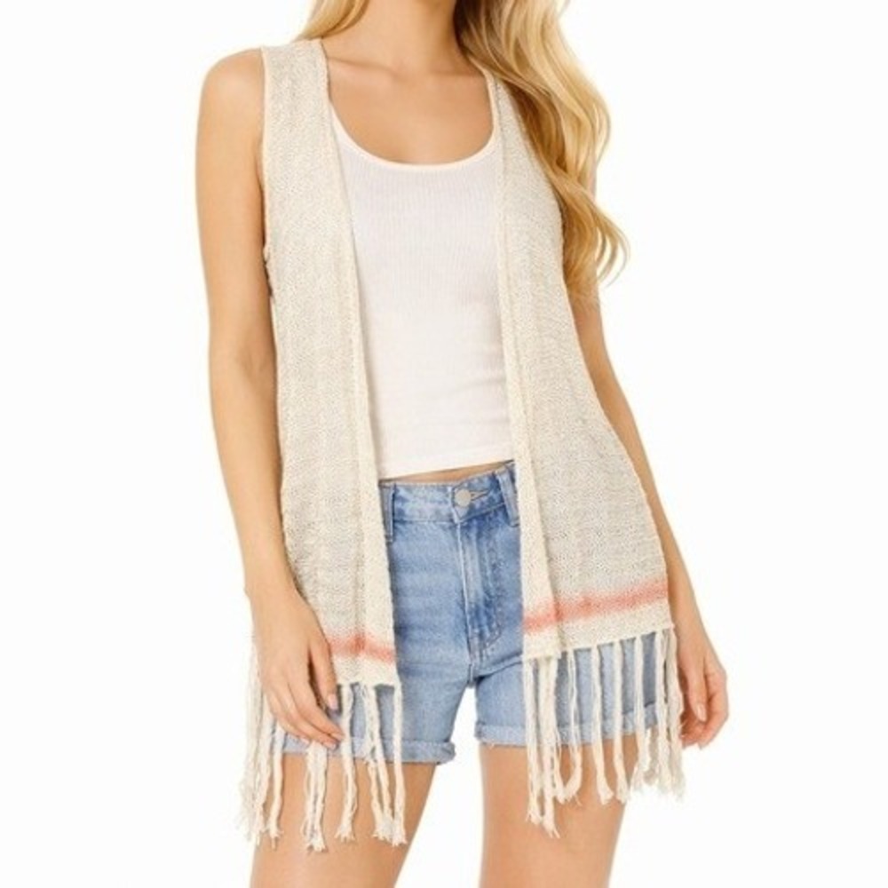 Blu Pepper Cream Crochet Back Fringe Open Knit Longline Vest Womens Medium